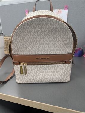 Michael Kors Cream Logo-Print Mini Backpack with Brown Trim